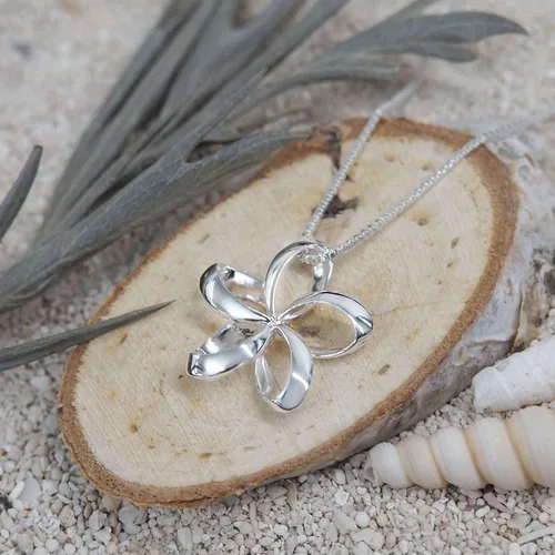 Vista 5 de Sterling Silver 19mm Open Plumeria Pendant Necklace, 16+2" Extender