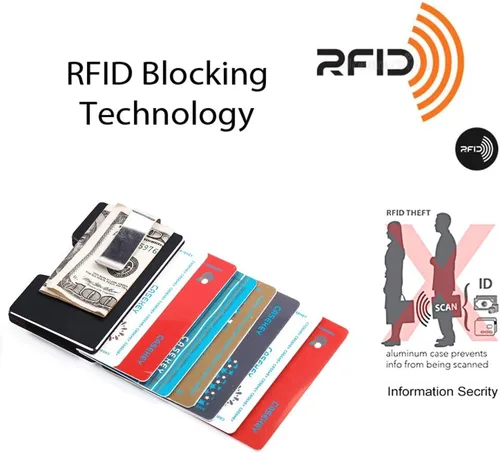 Vista 6 de Cartera minimalista con bolsillo de metal completo con bloqueo RFID tarjetero de bolsillo para tarjetas de crédito Cartera de protección NFC