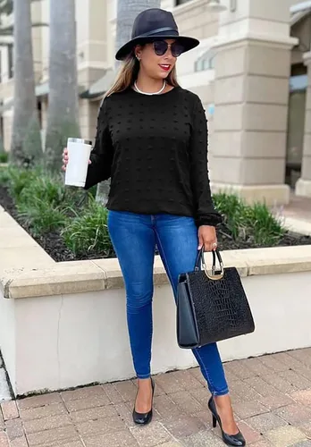 Vista 2 de XIEERDUO Blusas de gasa de manga larga con cuello redondo para mujer, blusas elegantes y holgadas con pompones