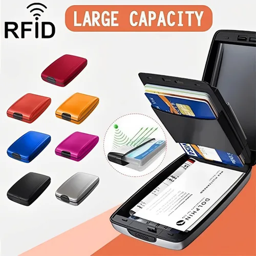 Vista 2 de Billetera de acero inoxidable con clip Pro RFID Secure Tech antirrobo, billetera de aleación de aluminio RFID, impermeable, biold delgado