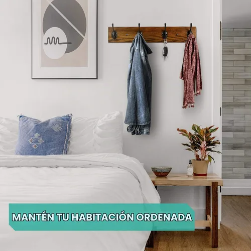 Vista 8 de Perchero Montado en la Pared, Perchero de Pared con 4 Ganchos Rústicos para Abrigos, Riel de Perchero de Madera de Fresno de 17" para Entrada