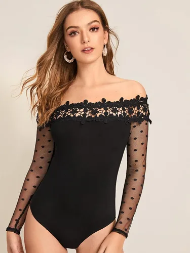 Vista 3 de Verdusa Body de manga larga con encaje de malla en contraste para mujer