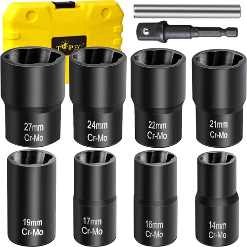Vista 12 de Topec 6 herramientas de extracción de tuercas de llanta, kit de extracción de bloqueo de rueda motriz de 1/2 pulgada, removedor de tuercas peladas