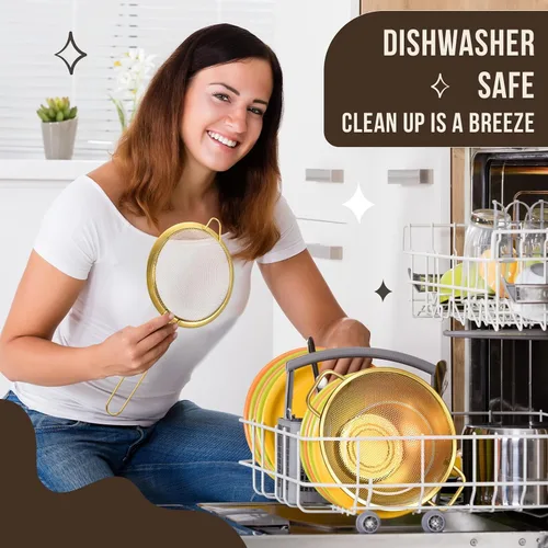 Vista 6 de Norme Colador dorado de acero inoxidable de 3 cuartos de malla fina, colador de metal para pasta, arroz y alimentos con asas, fácil de limpiar