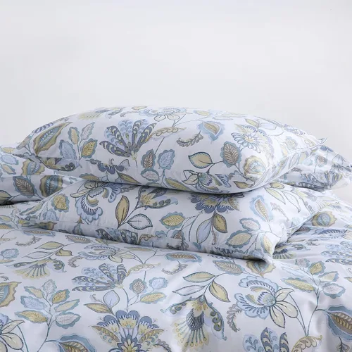 Vista 9 de Juego de edredón floral azul tamaño Queen, juego de ropa de cama botánica azul 100% algodón, edredón suave transpirable de 3 piezas y 2 fundas