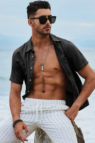 Vista 151 de JMIERR Camisas de vestir a rayas con botones y manga corta para hombre