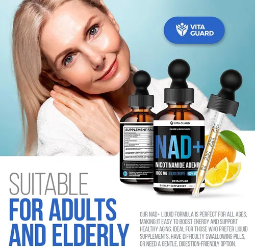 Vista 8 de Vita Guard Pure NAD+ Liquid Drops 1000mg Fórmula de nicotinamida y adenina Vegano, sin OMG Sabor natural de limón y naranja Suplemento