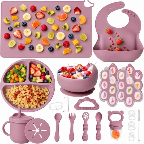 Vista 8 de 19 piezas de silicona bebé alimentación Set Eating Essentials para Juego de platos y cuencos para niños pequeños con babero, alimentador de frutas