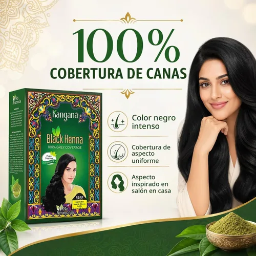 Vista 4 de KANGANA Polvo de henna negra natural para tinte de cabello/color, 100% cobertura de canas, sin químicos, paquete de 3 Negro
