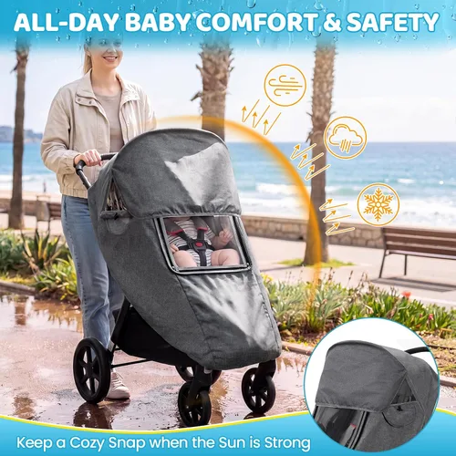Vista 5 de Clear Stroller Rain Cover, Universal Fit, Side Ventilation, Gray