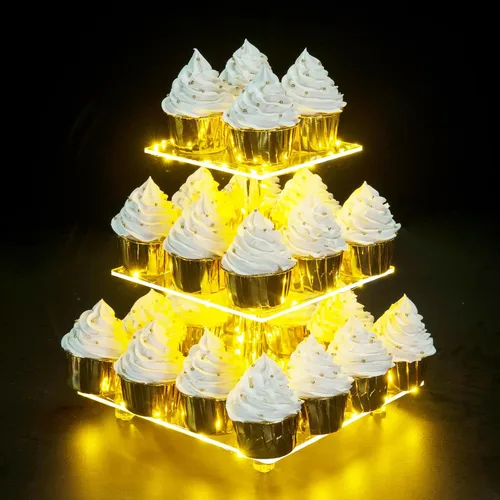 Vista 15 de Soporte para Cupcakes, Soporte Redondo para Cupcakes de 4 Niveles con Tira de Luces LED, Torre de Exhibición de Cupcakes de Acrílico para Bodas, Azul