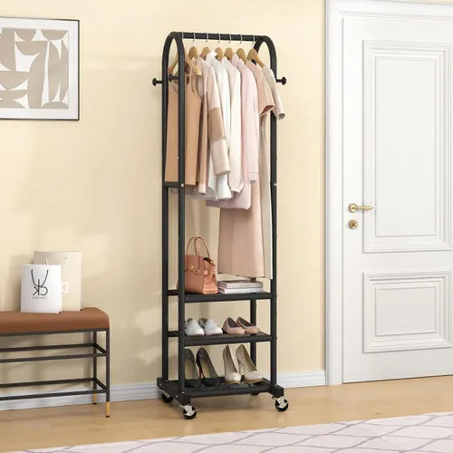 Vista 7 de Kaitiemoo Perchero de ropa resistente con ruedas, moderno perchero con 3 estantes de metal, estante de exhibición de 71.8 pulgadas para colgar ropa