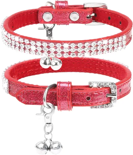 Vista 9 de PUPTECK Collar básico ajustable para gato con diamantes brillantes y campanas dobles, para gatitos y cachorros pequeños, collares de diamantes