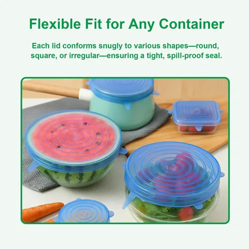 Vista 4 de Tapas elásticas de silicona, paquete de 6 fundas reutilizables para alimentos, silicona flexible para cuencos, recipientes, frutas, sello hermético