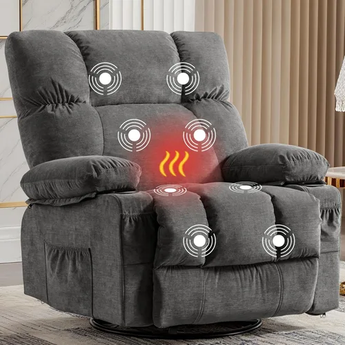 Vista 8 de MAHOMICO Silla reclinable giratoria de gran tamaño con masaje por vibración y calefacción lumbar, giro de 360°, puerto de carga USB, portavasos