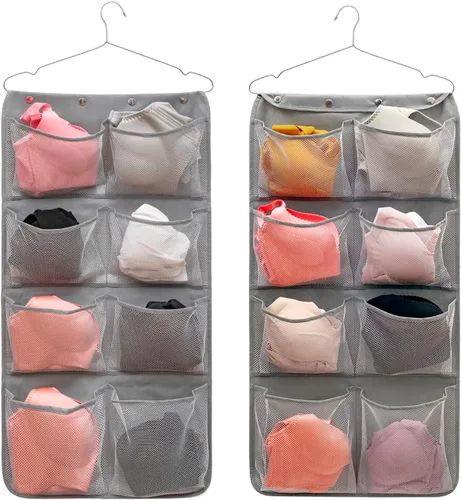 Vista 8 de Organizador de armario colgante de doble cara, calcetines duraderos, calcetines, ropa, brasier, bolsa de almacenamiento con 16 bolsillos grandes