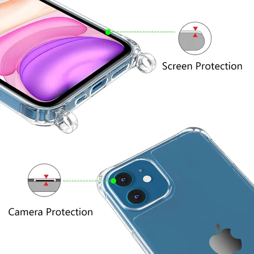 Vista 5 de ZTOFERA Compatible con iPhone 12/iPhone 12 Pro, funda transparente con cordón ajustable, TPU suave y delgada, a prueba de golpes, funda cruzada