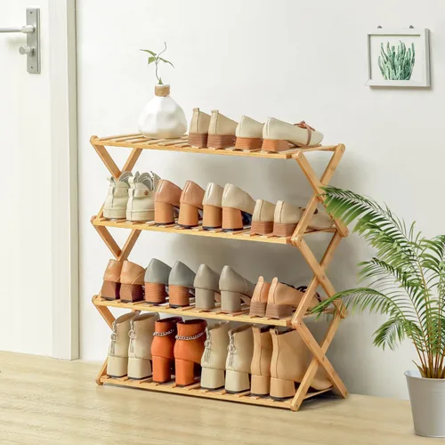 Vista 2 de Magshion Estante organizador de zapatos plegable de bambú de 4 niveles, 16 pares, estante de zapatos de pie, estante ajustable para almacenamiento