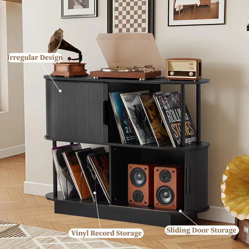 Vista 3 de Soporte moderno para tocadiscos con almacenamiento de vinilo, soporte de almacenamiento para tocadiscos negro de 40 pulgadas con puerta corredera