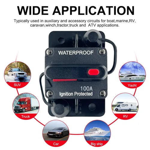 Vista 7 de Disyuntor de 100 amperios de 12 V a 48 V CC con botón de interruptor de reinicio manual para motor de arrastre de barcos, vehículos de remolque