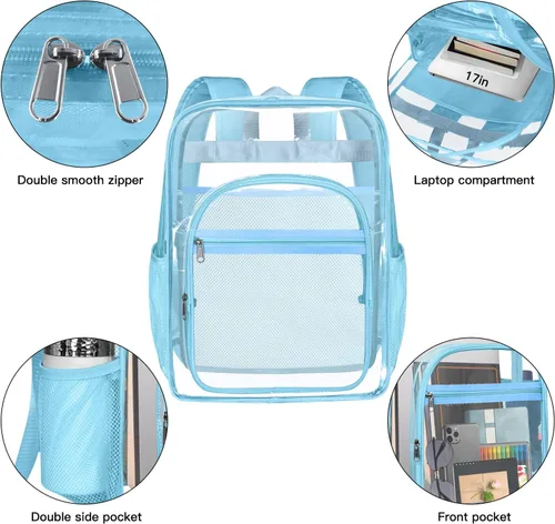Vista 2 de Mochila transparente, de forma resistente, resistente, grande, transparente, informal, para estadio, trabajo, viajes, Azul, Grande, Transparente