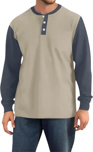 Vista 2 de Camisas de manga larga Henley con bloques de color para hombre, estilo casual, con botones, clásica, suave, transpirable