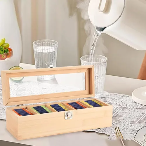 Vista 7 de Organizador de almacenamiento de bolsas de té de bambú, bolsa de té de madera, caja de almacenamiento de 5 compartimentos con tapa transparente