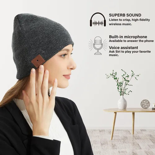 Vista 5 de Merino - Gorro de lana con Bluetooth 5.2, estéreo HD, 30 horas de tiempo de reproducción, micrófono integrado, regalo electrónico de Navidad
