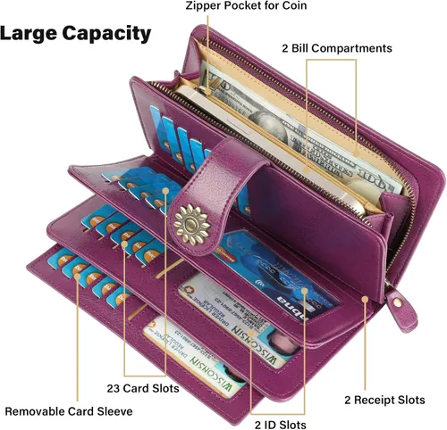 Vista 4 de Lavemi Carteras de cuero genuino de gran capacidad con bloqueo RFID para mujer, tarjetero con correa para la muñeca
