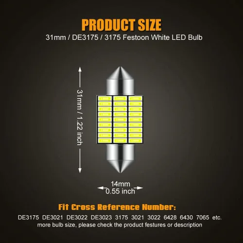 Vista 2 de EBAIFUN Bombilla LED DE3175 de 31mm Blanca 6000K 12V Luz de Festón Súper Brillante 3175 DE3021 DE3022 Aplicación para Luces Interiores del Automóvil