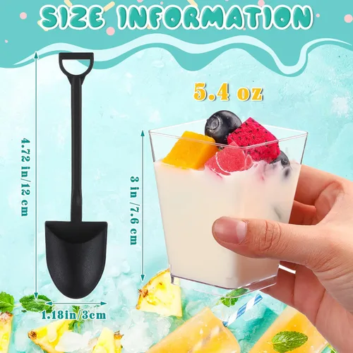 Vista 2 de Cunhill 100 tazas cuadradas de postre con 100 cucharas de postre en forma de pala, tazas de plástico transparente para aperitivos con tapas, mini