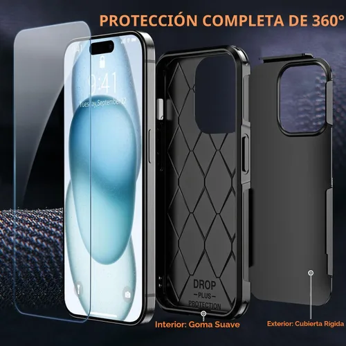 Vista 4 de Funda a prueba de golpes para iPhone 15, [Protección contra caídas de grado militar de 15 pies], con 2X [Protector de pantalla de vidrio templado]