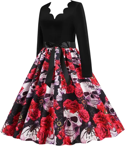 Vista 2 de Vestido de Halloween para mujer casual con cuello en V con cremallera manga larga con panel