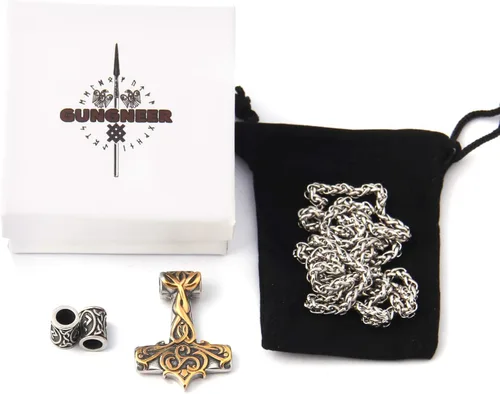 Vista 2 de Gungneer Collar de acero inoxidable Mjolnir Thor Hammer colgante nórdico vikingo hacha de batalla, amuleto, joyería para hombres y mujeres, Metal