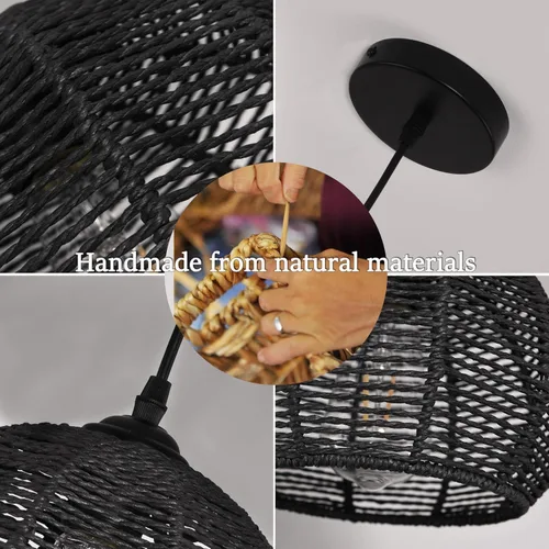 Vista 5 de Ayshwill Dec Lámpara de araña negra tejida estilo boho de ratán y mimbre con cúpula, lámpara colgante para comedor, dormitorio, isla de cocina