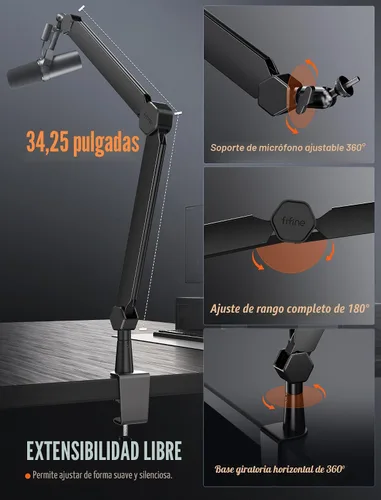 Vista 3 de FIFINE Soporte de brazo para micrófono, brazo de micrófono con abrazadera de escritorio, canales de cable, roscas de 3/8" a 5/8", soporte