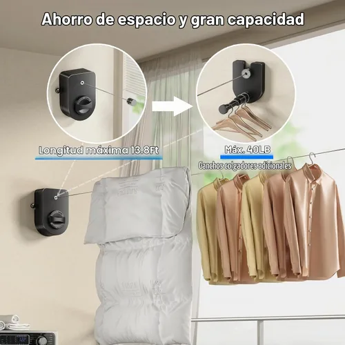 Vista 2 de Mustorn Tendedero retráctil para interiores, línea de ropa para exteriores que no se hunde, línea de ropa resistente para secar la ropa, línea