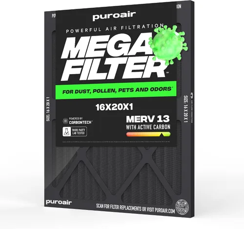 Vista 17 de PuroAir Filtro Mega - Filtro de aire de 12x12x1 MERV 13 para el hogar con carbón activado - Filtros alérgenos, caspa de mascotas, humo, polvo