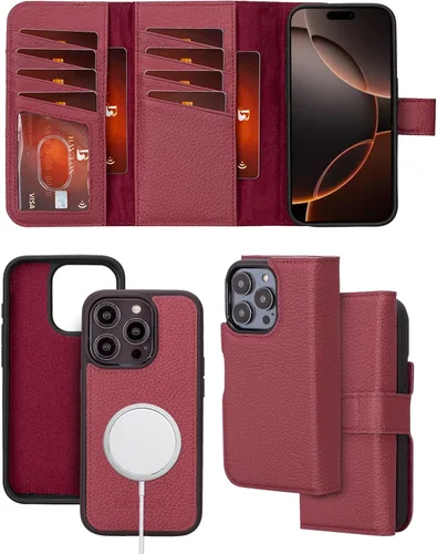 Vista 22 de Bayelon Estuche tipo billetera para iPhone 15 Pro, cartera de cuero desplegable de tres pliegues, cubierta tipo folio magnética desmontable, soporte