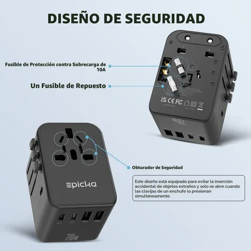 Vista 7 de EPICKA TA-105 Pro Negro y TA-105 Max Negro Adaptador de Viaje Universal