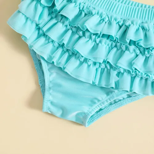 Vista 6 de Yccutest Traje de baño de flores para bebé, 3 piezas, parte superior triangular, parte inferior con volantes, sombrero para el sol, conjunto