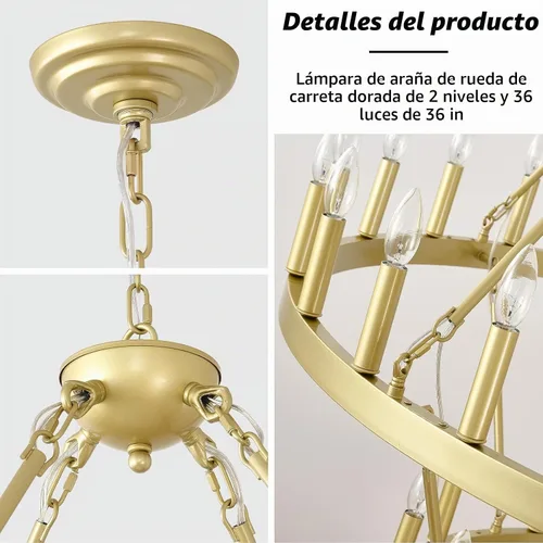 Vista 4 de EGM Candelabro dorado de 48 pulgadas con rueda de carro de 2 niveles, 36 luces grandes de color dorado cepillado estilo granja, lámparas de techo