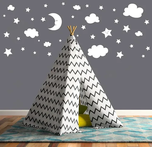 Vista 2 de Calcomanías de pared de luna creciente, estrellas y nubes, calcomanías de pared de luna y estrellas, cielo estrellado, decoración de sala