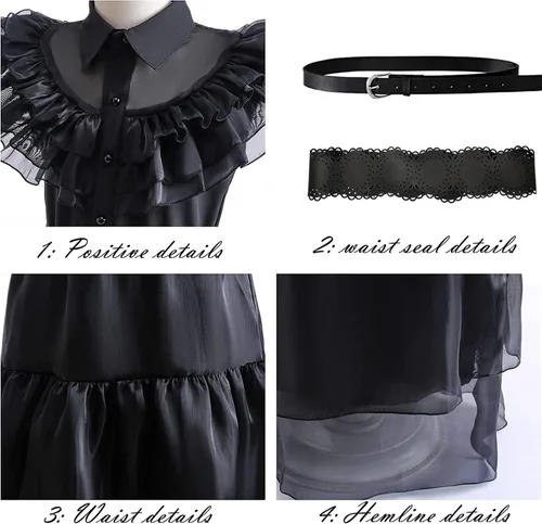 Vista 4 de Wednesday Addams - Ropa para niñas para Addams, disfraces de la familia, Halloween, cosplay, vestido de fiesta con traje
