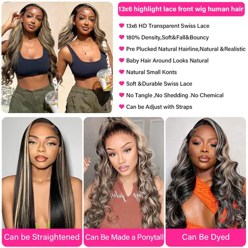 Vista 4 de Pelucas de Encaje Frontal Highlight Body Wave de Cabello Humano 1B/27 Sin Pegamento Densidad 180% 13x6 Peluca Sin Pegamento de Encaje Frontal