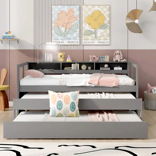Vista 3 de DEINPPA Sofá cama individual XL de triple capa con cubos de almacenamiento y luz de lectura, cama nido de madera con dos nidos adicionales