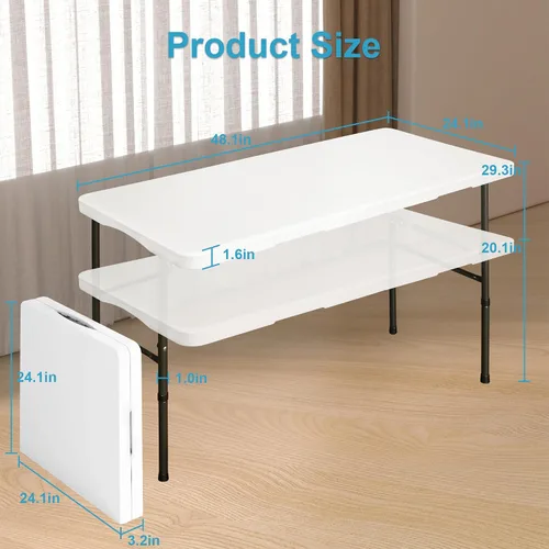 Vista 2 de Bblife Mesa portátil plegable para eventos de 4 pies, mesa de camping de plástico con 2 alturas ajustables, mesa de utilidad resistente para Blanco