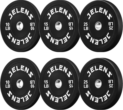 Vista 10 de Juego de Placas de Peso para Barra Olímpica JELENS, Juego de Pesos de Goma de 2 Pulgadas Negro/Colorido para Entrenamiento de Fuerza y Levantamiento