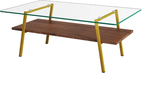 Vista 8 de IANIYA Mesa de centro de cristal para sala de estar, pequeña mesa auxiliar dorada de mediados de siglo para sala de estar con estantes de madera