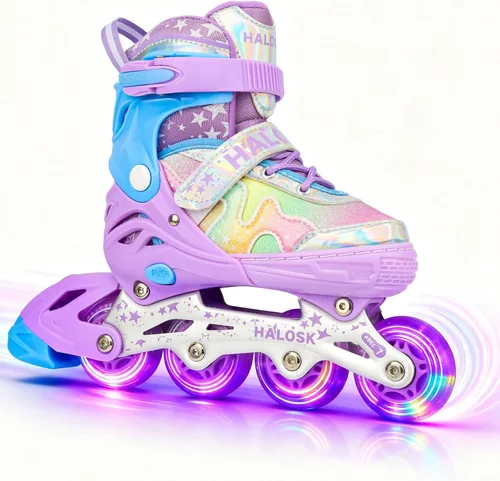 Vista 9 de Patines en línea para niñas y niños con ruedas iluminadas, patines de hoja ajustable, estrella de purpurina degradada con forro cómodo transpirable